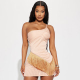 Women's Summer Solid Color Casual One Shoulder Sleeveless Tassel Patchwork Slim Skirt Set