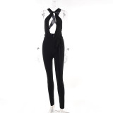 Women Sexy Halter Neck Plunging Cutout Lace-Up Backless Jumpsuit