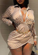 Women nightclub v-neck striped shirt long-sleeved dress