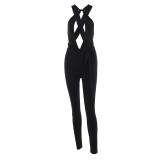 Women Sexy Halter Neck Plunging Cutout Lace-Up Backless Jumpsuit