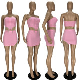 Women Sexy Tassel Diamond Zipper Top and Short Skirt Two-Piece Set