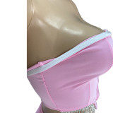 Women Sexy Tassel Diamond Zipper Top and Short Skirt Two-Piece Set