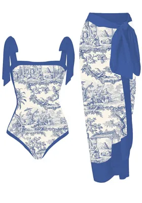 Women Vintage French Holidays Beach One Piece Bikini and Skirt Two-Piece Set
