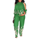 Women Summer Beaded Print Top and Pant Two-Piece Set
