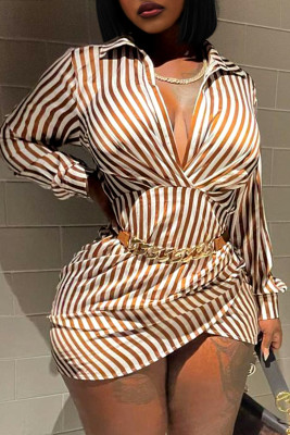 Women nightclub v-neck striped shirt long-sleeved dress