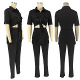 Women's Casual SOLid COLor Short Sleeve Shirt Slit Trousers Two Piece Set