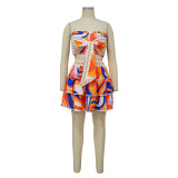 Women's Sexy Strapless Low Back Printed Two-Piece Skirt Set