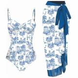 One-Pieceslim Fit HOLidays Beach Spa Swimsuit French Retro Beach Cover Up Skirt Two Piece Set