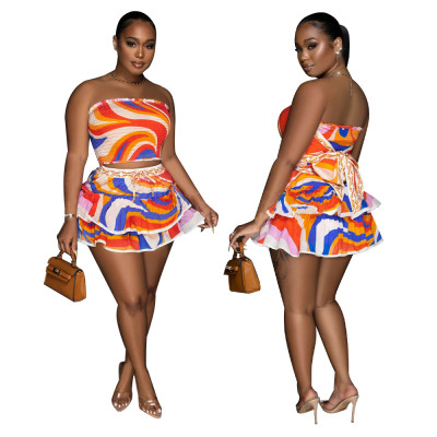 Women's Sexy Strapless Low Back Printed Two-Piece Skirt Set