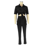 Women's Casual SOLid COLor Short Sleeve Shirt Slit Trousers Two Piece Set