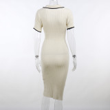 Summer Sexy SOLid COLor Slim Fit Contrasting Edge POLo COLlar Ribbed Dress Women
