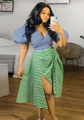 Sexy Irregular Stripe Contrast COLor Drawstring Lace-Up Slit Plus Size Two Piece Skirt Set Nightclub Dress