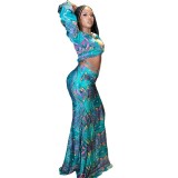 printed sexy V-neck long lantern sleeve Crop lace up long body Bodycon two-piece set