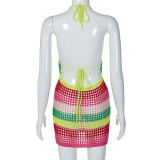 Summer Women's Multicolor Patchwork Sexy V-neck Halter Neck Low Back Knitting Dress