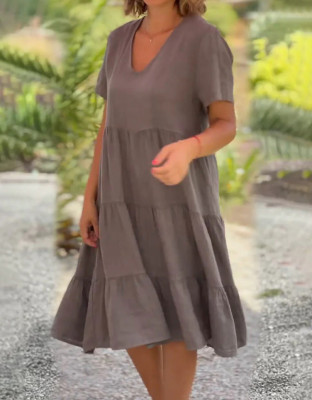 Summer Women V-Neck Solid Casual Dress