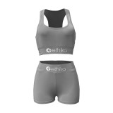 Women Solid Letter Print Top and Shorts Sport Two-Piece Set