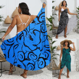 Plus Size Women Printed One Piece Irregular Shawl Beach Dress