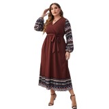 Plus Size Women Tie V-Neck Long Sleeve Dress