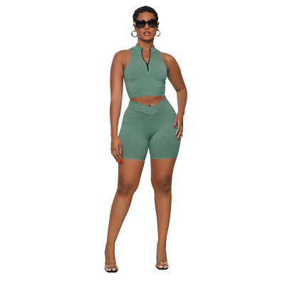 Women Summer Solid Sleeveless Zipper Collar Crop Top and Shorts Two Piece Set