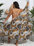 Plus Size Women Printed One Piece Irregular Shawl Beach Dress