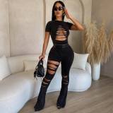 Women Summer Ripped Short Sleeve Top and Pant Casual Two Piece Set