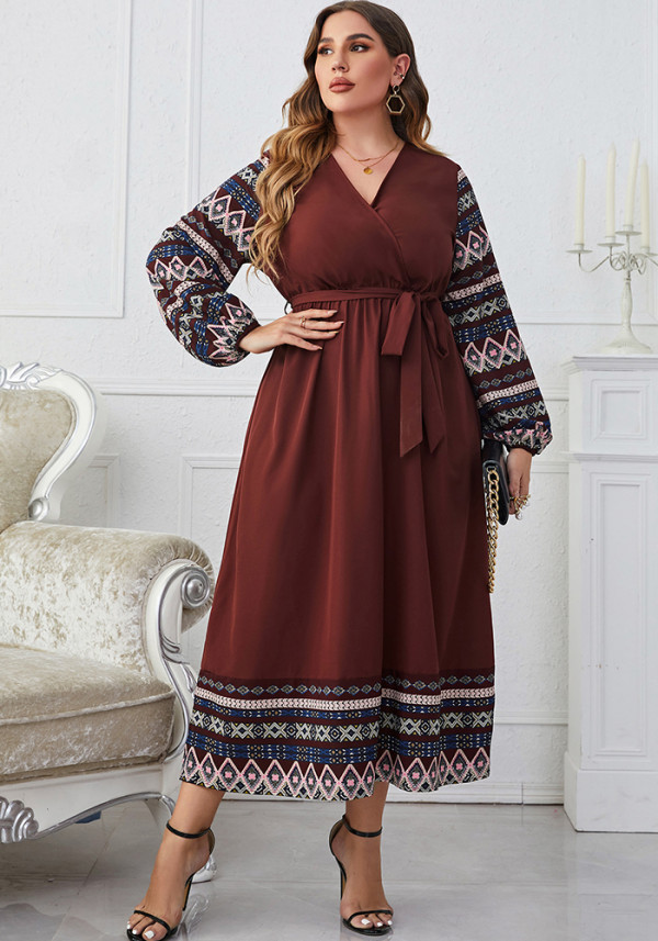 Plus Size Women Tie V-Neck Long Sleeve Dress