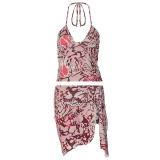 Women Summer Printed Backless Top and Printed Slit Skirt Two Piece Set