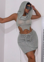 Summer Women Sexy Hollow Knitting Hooded Top and Skirt Two Piece Set