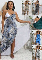 Plus Size Women Printed One Piece Irregular Shawl Beach Dress