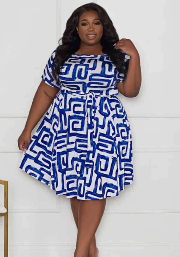 Women Plus Size Short Sleeve Printed Round Neck Oversized Dress