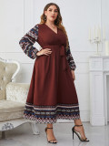 Plus Size Women Tie V-Neck Long Sleeve Dress