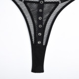 Black Cross Chest Patchwork Metal Circle Fishnet Hollow Sexy See-Through Sexy bodysuit lingerie
