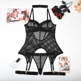 Sexy 3-piece lingerie set mesh Patchwork with steel ring Halter Neck leg ring underwear