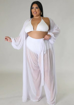 Women's Solid Bat Sleeves Sexy See-Through Long Sleeve Plus Size Two-Piece Pants Set