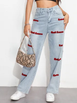 Women's Loose Wide Leg Sexy High Waist Letter Ripped Plus Size Denim Pants