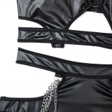 Summer pu Leather chain Two Pieces sexy underwear two-piece set Halter Neck Low Back sexy underwear