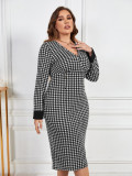 Chic Casual V-Neck Houndstooth Contrasting Color Long-Sleeved Women's Dress