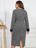 Chic Casual V-Neck Houndstooth Contrasting Color Long-Sleeved Women's Dress