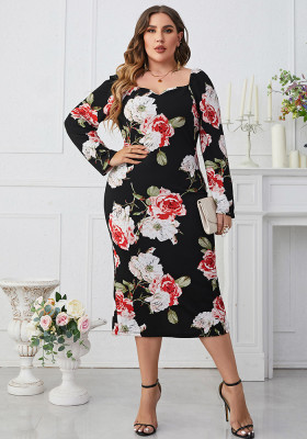 Plus Size Printed Square Neck Slim Waist Bodycon Long Sleeve Dress