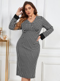 Chic Casual V-Neck Houndstooth Contrasting Color Long-Sleeved Women's Dress