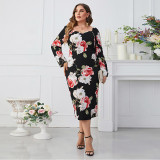 Plus Size Printed Square Neck Slim Waist Bodycon Long Sleeve Dress