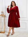 Plus Size Loose Chic High Waist Lace V Neck Solid Color Women's Glitter Dress