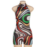 Summer Ladies Print Sexy Low Back Round Neck Short Sports Jumpsuit