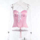 Pearl strap bow pink camisole women's tunic top