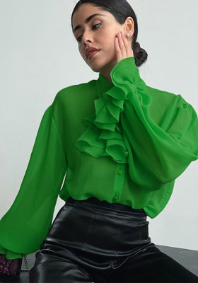 Spring Fashion Shirt chiffon See-Through Ruffle Top Slim Green Shirt