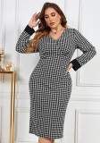 Chic Casual V-Neck Houndstooth Contrasting Color Long-Sleeved Women's Dress