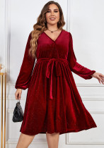 Plus Size Loose Chic High Waist Lace V Neck Solid Color Women's Glitter Dress