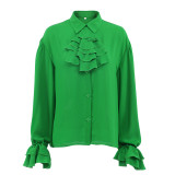 Spring Fashion Shirt chiffon See-Through Ruffle Top Slim Green Shirt