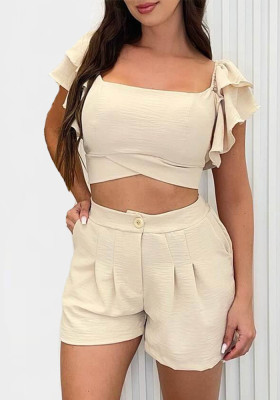 Fashion Casual Set Solid Color Ruffle Sleeve Tie Top High Waist Shorts Two-Piece Set