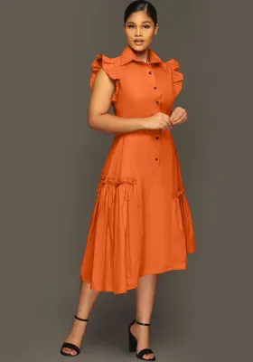 Trendy Shirt Collar Irregular Ruffle Edge Swing Dress